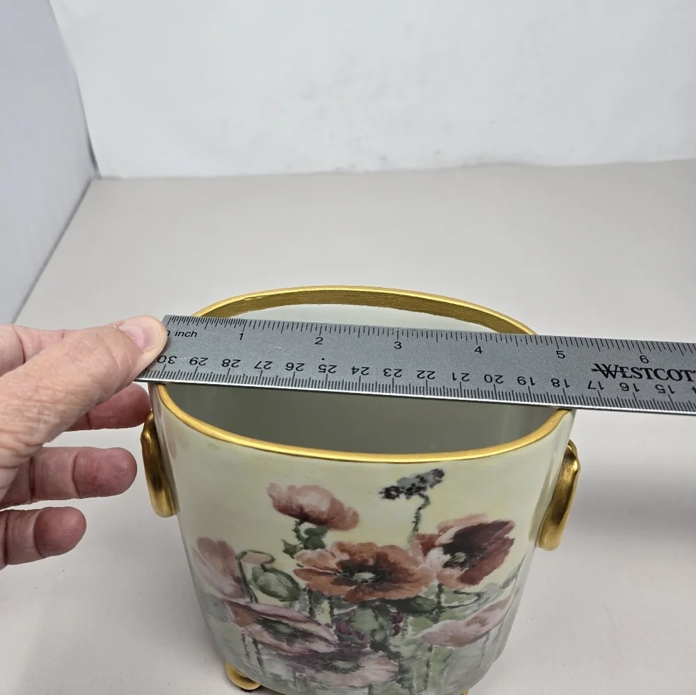 Antique Beauty Limoges Hand-painted Poppy Flower With Gold Accent Cachepot Vase